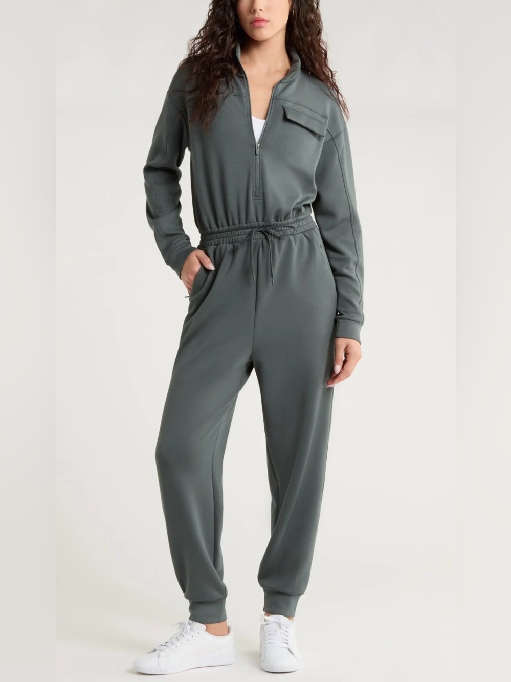 Zella Zip-Front Jumpsuit in Slate Green